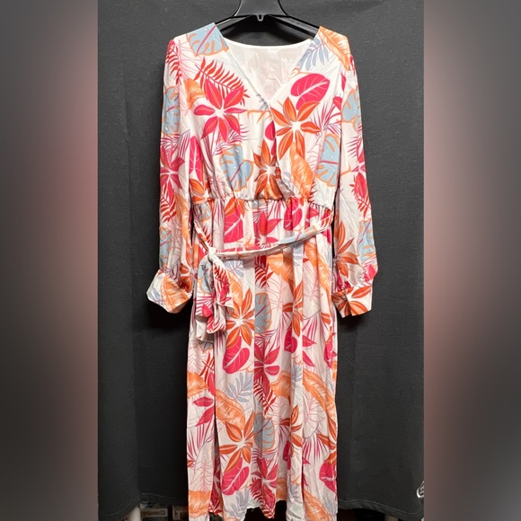 NEW - Multicolor Tropical Palm Print Tie High Waist Maxi Dress - Size 3X - Picture 4 of 9